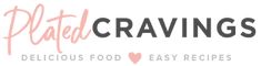 the logo for plated cravings delicious food easy recipes, with pink lettering