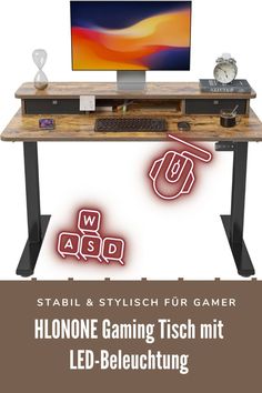 a wooden desk with a computer on top of it and the words, stahl & stylish fur gamer