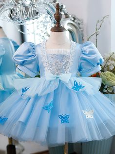 Long Sleeve Summer Birthday Dress, Blue Ruffled Princess Dress For Summer, Blue Summer Princess Dress With Ruffles, Fitted Blue Dress For Fancy Dress, Blue Fitted Dress For Fancy Dress, Fitted Blue Dress For Fancy Dress Occasion, Blue Princess Style Dress For Costume Party, Blue Princess Style Party Dress, Fitted Light Blue Princess Dress For Birthday