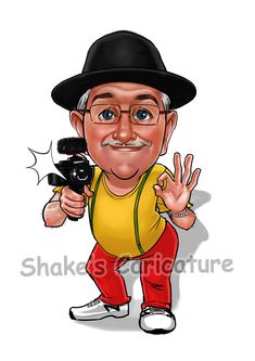 a caricature of an older man wearing a hat and holding a camera