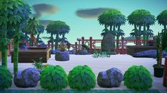 an animated landscape with palm trees and rocks