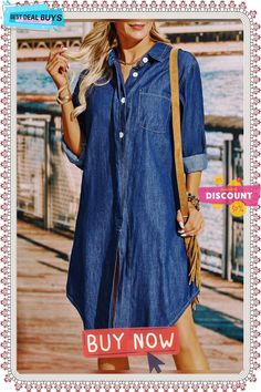 Casual Solid Loosen Denim Long Sleeve Dress Non-stretch Long Sleeve Denim Dress, Casual Non-stretch Long Sleeve Denim Dress, Casual Long Sleeve Denim Summer Dress, Non-stretch Denim Dress With Pockets For Day Out, Long-sleeved Denim Dress With Pockets For Summer, Denim Blue Long Sleeve Denim Dress For Summer, Long Sleeve Denim Dress For Summer, Long Sleeve Denim Blue Dress For Summer, Knee-length Denim Dress For The Beach