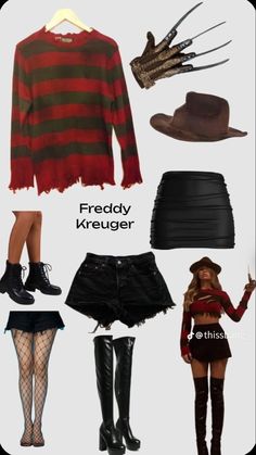 a collage of different outfits and accessories including boots, hat, sweater, skirt