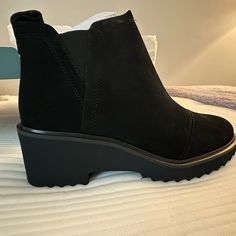 Brand New Never Worn Black Synthetic Boots With Leather Footbed, Black Synthetic Boots With Cushioned Footbed, Black Suede Boots With Leather Footbed, Black Slip-on Spring Boots, Black Slip-on Boots For Spring, Comfortable Black Slip-on Boots, Comfortable Ankle-high Black Boots, Comfortable Black Ankle-high Boots, Black Suede Slip-on Boots