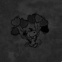 a black and white drawing of a person holding balloons in the air with hearts on them