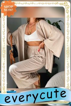 Elegant Loose Cardigan Top + Elastic Wide-leg Pants Sets Women Casual Long Sleeve 2pc Set Female Cotton Linen High Street Suits Spring Two-piece Long Sleeve Sets, Long Sleeve Sets With Pockets For Vacation, Spring Solid Color Long Sleeve Sets, Spring Long Sleeve Sets For Day Out, Two-piece Long Sleeve Sets For Day Out, Long Sleeve Two-piece Sets For Day Out, Two-piece Loungewear Set, Solid Color Two-piece Set For Day Out, Solid Color Sets For Spring Vacation