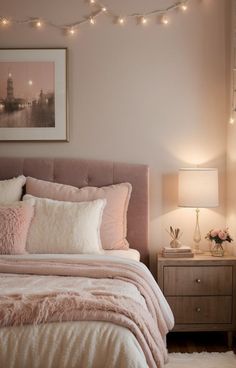 a bedroom with lights strung above the bed, and a pink comforter on the bed