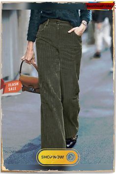 Women Vintage Corduroy Solid Color Casual Pants with Pocket Fall Full-length Corduroy Pants, Corduroy Pants For Fall, Full-length Corduroy Pants For Fall, Green Corduroy Bottoms For Fall, Non-stretch Wide Leg Corduroy Pants, Fall Corduroy Bottoms With Pockets, Corduroy Bottoms With Pockets For Fall, Dark Green Corduroy Pants, Green Corduroy Pants