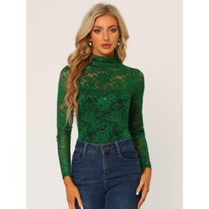 The floral lace brings elegant romance to a semi-sheer blouse. Long sleeves with mesh lace design are great highlights, full of a sense of detail and design. The mock neck and see-through design instantly elevate this lace blouse and make it a sophisticated choice for day or night. Casual and elegant, this blouse is styled with soft lace fabric. A mock neck and floral lace add ebullient charm to this casual sheer top. This casual and elegant blouse, designed with a stand collar and floral design Stretch Lace Mesh Top, Party Mesh Top With Lace Trim, Elegant Lace Mesh Top With Lace Trim, Fall Lace Mesh Top, Elegant Mesh Top With Lace Sleeves, Stretch Lace Top With Lace Collar, Long Sleeve Lace Mesh Top With Lace Trim, Elegant Green Lace Trim Top, Elegant Green Top With Lace Trim