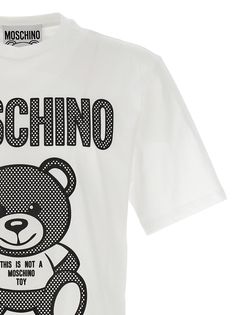 Cotton T-shirt with front rubberized logo print, crew neck, short sleeves. Composition: 100% cotton | Moschino Men's Logo T-shirt in White/Black | SS24 Franco Moschino, Moschino Men, Moschino Logo, Man Logo, Shop Logo, Logo T Shirt, Playful Design, Luxury Retail, Tshirt Logo