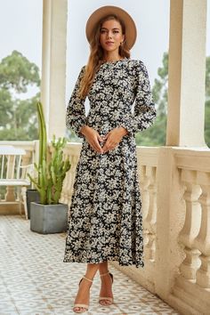 Round Neck long Sleeve Elegant Floral Maxi Dress - Cherieday Long Sleeve Black Maxi Dress, Long Sleeve Floral Maxi Dress, Floral Lace Maxi Dress, Fran Fine, Latest Fashion Dresses, Polka Dot Maxi Dresses, Maxi Dress Sale, Midi Dress Casual, Long Sleeve Maxi