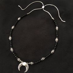 Coven Obsidian Beaded Necklace Bohemian Moon Phase Round Beaded Jewelry, Gothic Adjustable Necklace With Moon Charm, Adjustable Beaded Sterling Silver Crystal Necklace, Bohemian Jewelry With Moon Charm And Round Beads, Adjustable Gothic Beaded Jewelry, Bohemian Black Moonstone Jewelry, Adjustable Mystical Moon Necklace, Bohemian Necklaces With Moon Charm And Round Beads, Festival Jewelry With Moon Charm And Round Beads