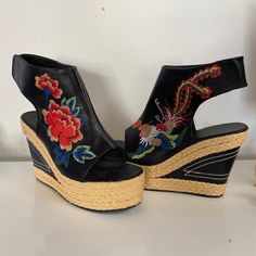 Cool Braided Platform Wedge Heels With Terrific Embroidery And Sexy Peep-Toes! Never Been Worn, Like Brand New. The Embroidery On Each Shoe Is Different! Size 7 1/2, Not Marked Any Where. Shoes Measure 8 1/4" From Heel To Toe, Wedges Are 1 1/2" In Front And 4 1/2" At The Heel. So Cool, So Fun, So Tall! Summer Embroidered Wedge Heel Sandals, Embroidered Black Heels For Summer, Summer Embroidered Black Heels, Embroidered Black Summer Heels, High Heel Floral Embroidered Sandals For Summer, High Heel Floral Embroidery Sandals For Summer, High Heel Sandals With Floral Embroidery For Summer, Casual Embroidered Heels For Spring, Black Embroidered Open Toe Heels