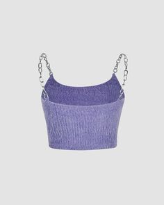 Details: Lilac ribbed crop top with chain design and detailed butterfly at frontLength: CroppedSleeve Length: SleevelessMaterials: 95% Cotton + 5% Spandex Top With Chain, Detailed Butterfly, Wedding Cardigan, Bodycon Tops, Ribbed Crop Top, Chain Design, Maxi Dresses Casual, Crop Top Blouse, Cami Top