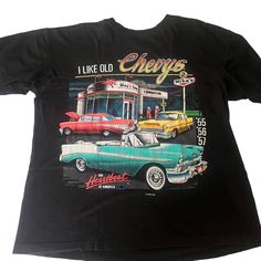 an old t - shirt with cars and gas pumps on the front that says, i like old chevys