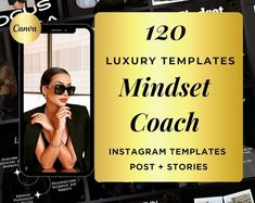 a woman in sunglasses is posing with her hands on her chest and the words, 120 luxury templates mindset coach instagram