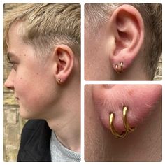 three pictures of a person with ear piercings