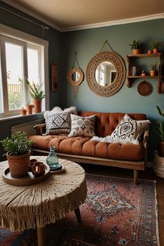 a living room filled with lots of furniture and plants on top of a wooden table