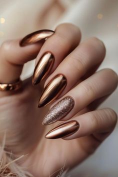 Fall Crome Nails Designs, Copper Chrome Nails Designs, Copper Color Nails, Copper Nails Acrylic Almond, Nails Crome Ideas, Thanksgiving Acrylic Nail Designs, Copper Chrome Nails Fall, Chrome Nails Brown, Fall Nails Brown Chrome