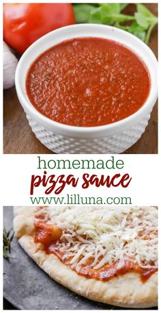 homemade pizza sauce in a white bowl on top of a wooden table with tomatoes and parmesan cheese