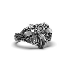 Silver Double Skull Motorcycle Ring - Gothic Biker Jewelry, Edgy Men's Skull Ring, Unique Biker Gift Embrace the bold, rebellious spirit of the open road with our Silver Skull Biker Ring. This striking piece of gothic jewelry is perfect for motorcyclists and those who love edgy, bold accessories. Crafted from high-quality silver, this ring features a detailed skull design that embodies strength and adventure. Ideal as a gift for the biker in your life, this men's skull ring adds a touch of rugge Skull Motorcycle, Mens Skull Rings, Biker Gifts, Biker Jewelry, Biker Rings, Bold Accessories, Skull Ring, Skull Design, Open Road