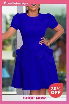 Royal Blue Casual Solid Patchwork With Bow O Neck A Line Dresses Midi Elegant Dress, Straight Clothes, Formal Cocktail Dress, High Waist Dress, Denim Shirt Dress, Royal Blue Dresses, Leather Outfit, Wholesale Fashion, Dresses Online