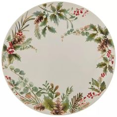 a christmas wreath plate with holly and pine cones on the rim, painted in white