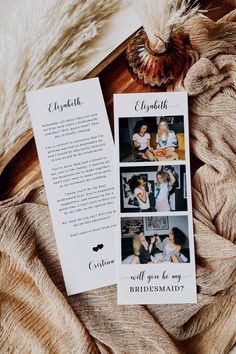 the wedding program is laying on top of a furnishing area with feathers around it