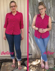 before and after photos of a woman's pink polka dot shirt with blue jeans