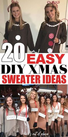 two girls dressed up in costumes with the words 20 easy diy xmas sweater ideas