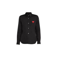 Comme des Garçons Play poplin shirt punctuated with heart logo patch and pearlescent buttons  Spread collar; button front Long sleeves; button cuffs Relaxed fit Curved hem Hip length Cotton Made in Japan Cdg Play, Heart Logo, Curves Workout, Button Front Shirt, Poplin Shirt, Woven Cotton, Hip Length, Cotton Weaving, Womens Clothing Tops