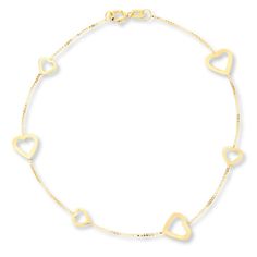 Large and small heart outlines dance between box chains in this pretty bracelet for her. The 7.5-inch bracelet is crafted of 14K yellow gold, and secures with a spring ring clasp. Dainty Yellow Gold Chain Bracelet For Valentine's Day, Yellow Gold Adjustable Chain Bracelet For Valentine's Day, Valentine's Day Yellow Gold Adjustable Chain Bracelet, Valentine's Day Yellow Gold Jubilee Chain Bracelet, Valentine's Day Yellow Gold Jubilee Bracelet, Tarnish Resistant Yellow Gold Bracelet For Valentine's Day, Valentine's Day Yellow Gold Tarnish-resistant Bracelet, 14k Yellow Gold Bracelet For Valentine's Day, Valentine's Day 14k Yellow Gold Bracelet