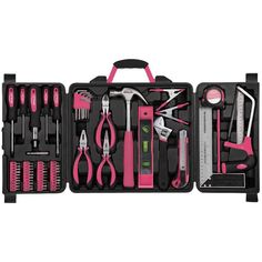 a tool kit with pink tools in it