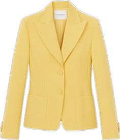 Tailored Silk Outerwear With Button Closure, Designer Blazer With Covered Buttons, Classic Blazer With Lapel Collar And Covered Buttons, Classic Silk Outerwear With Buttons, Classic Silk Blazer For Spring, Classic Blazer With Notch Lapel And Covered Buttons, Silk Outerwear With Button Closure For Work, Classic Workwear Blazer With Covered Buttons, Canary Yellow