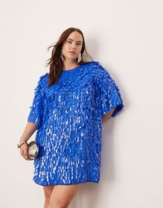 ASOS EDITION Curve embellished 3D sequin t-shirt mini dress in blue | ASOS Sequin T Shirt Dress, Plus Size Sequin, Blue Sequin Dress, Color Season, Blue Sparkle, Blue Sparkles, Mini Shirt Dress, Embellished Dress, Dress Plus Size