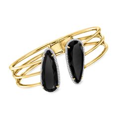 Ross-Simons - Onyx, .60ct t. w. White Topaz Cuff Bracelet Over Sterling. 7". Our cuff bracelet delivers a bold style with graceful elegance. Two 26x10mm pear-shaped onyx cabochons are framed by twinkling .60 ct. t. w. white topaz rounds. Crafted in 18kt yellow gold over sterling silver. Hinged. Slip-on, white topaz and onyx cuff bracelet. Modern Formal Gemstone Bangle, Formal Fine Jewelry Cuff Bracelet With Gemstone, Fine Jewelry Gemstone Cuff Bracelet For Formal Occasions, Formal Gemstone Cuff Bracelet, Formal Yellow Gold Cuff Bracelet With Gemstone, Essential Jewelry, Jewelry Presentation, Jewelry Styles, Jewelry Essentials