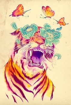 a tiger with flowers on its head and butterflies above it