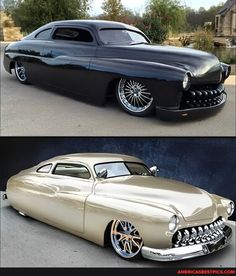 an old car with chrome wheels and rims is shown in two different pictures, one black and the other white