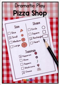 a printable pizza shop game is shown with a pencil and paper on top of it