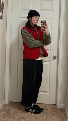 Queer Winter Outfits, Black Pants Fall Outfit, Queer Winter Fashion, Gay Winter Outfits, Winter Masc Outfits, Masc Outfits Winter, Masc Winter Outfit, Red Clothing Aesthetic, Butch Outfits