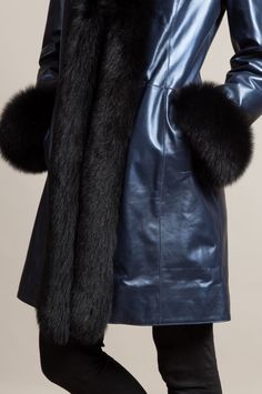 Alexandra Spanish Lambskin Leather Coat with Fox Fur Trim | Overland Leather Trench, Leather Trench Coat, Pacific Blue, Fur Fashion, In Spanish, Fur Collars, Fox Fur, Lambskin Leather, Fur Trim