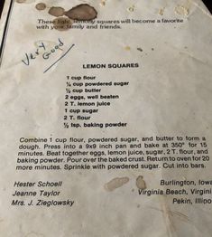 a menu listing the ingredients for lemon squares