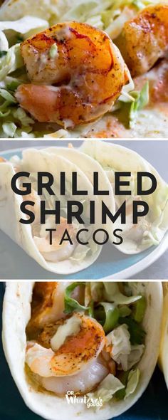 grilled shrimp tacos with lettuce, tomatoes and other ingredients in them