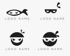 four logos with different types of fish and eyeglasses on them, all in black and white