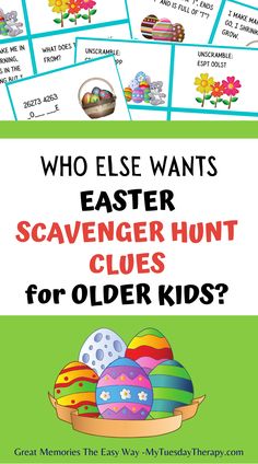 an easter hunt for older kids with the words who else wants easter? and pictures of eggs