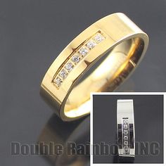 two tone gold wedding band with channeled diamonds set in the center, and an image of