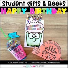 student gifts and books for happy birthday with an image of a cupcake in the middle