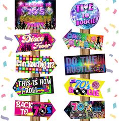 there are many different signs on the pole that say it is disco time and do something