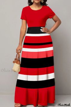 Olivia Mark - Professional Womens Patchwork A-Line Dress with Blue Striped Print and O-Neck Collar Red Color Block Maxi Dress, Red Patchwork Maxi Dress For Spring, Spring Red Patchwork Maxi Dress, Red Maxi Dress With Patchwork, Casual V-neck Color Block Maxi Dress, Casual V-neck Splicing Dress, Casual V-neck Dress With Splicing, Casual Red Patchwork Dress, Casual Red Patchwork Maxi Dress