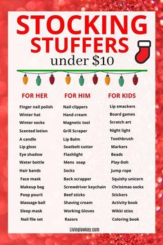 a christmas stocking stuff list with the words, stockings and under $ 10 on it